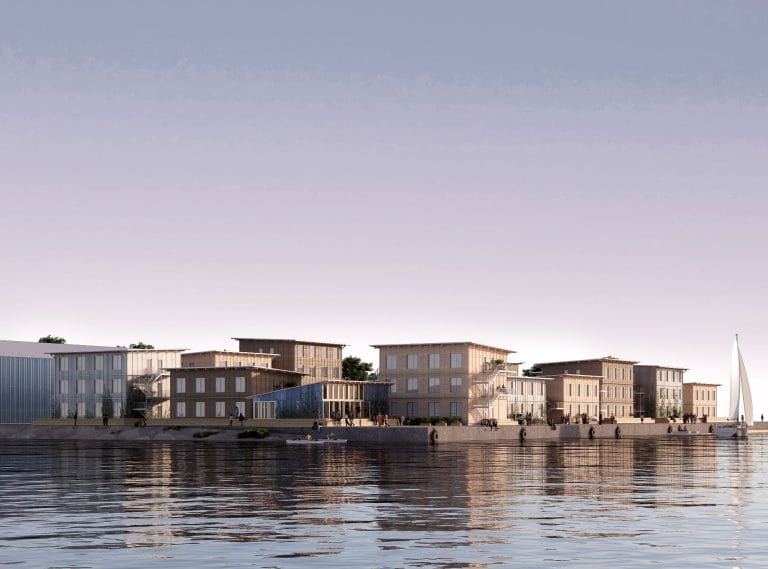 Studentbyen i Fiskerihavnen, København består av 15 bygg som er reist med norskproduserte moduler fra Moelven Byggmodul AS. Illustrasjon: CPH Village
